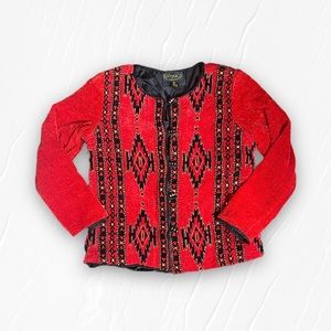 Vintage 80s Alex Kim Jacket Womens Sz M Red Embroidery Aztec Brushed Rayon; Pads